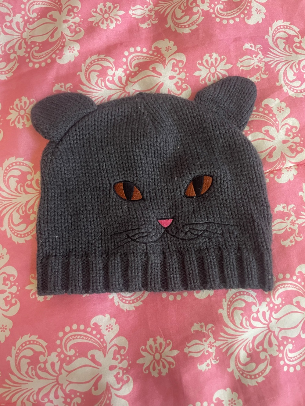 Kids Gray Cat Beanie Hat with Pink Nose